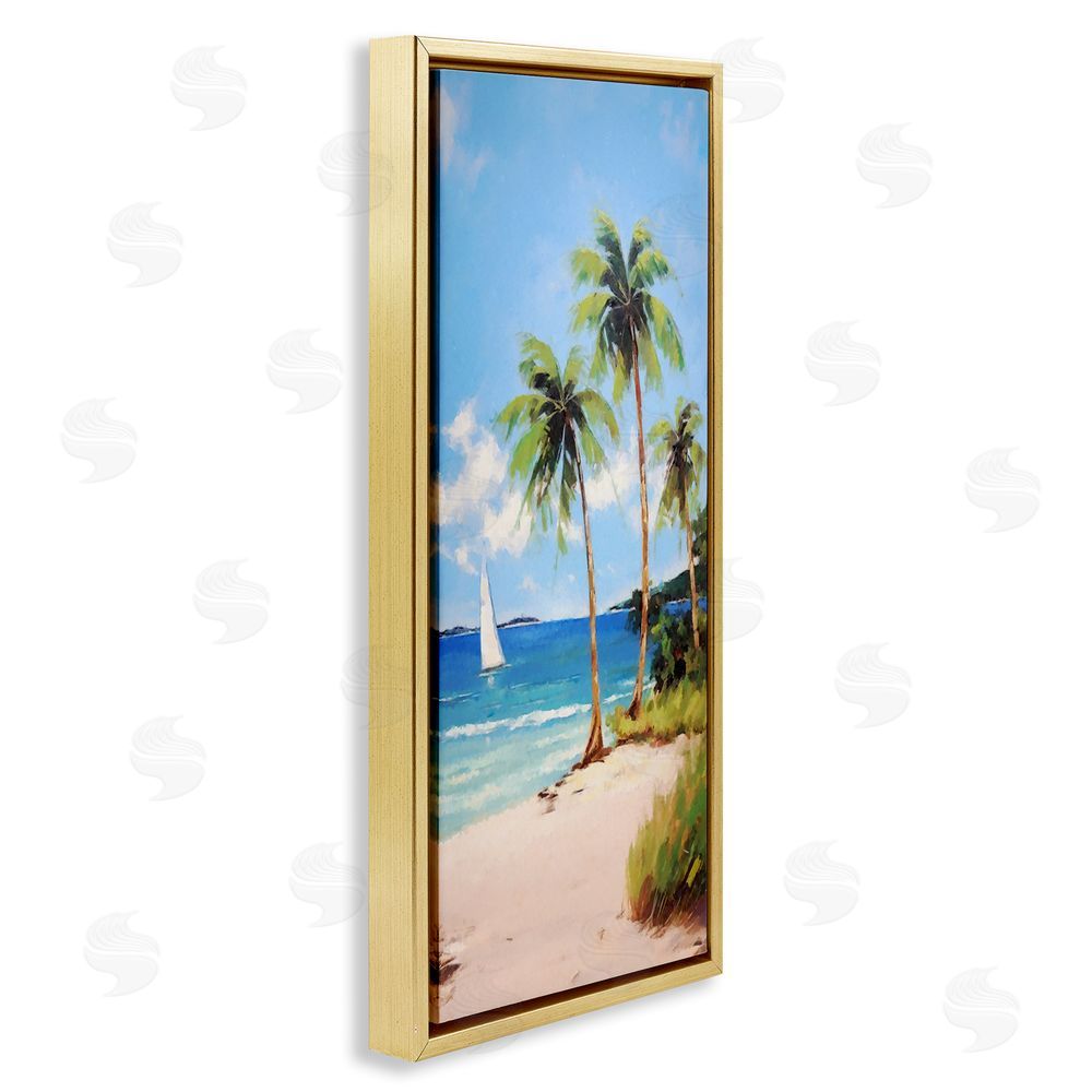 Ziwei Li Palm Trees & Sailboat Gold Floating Frame Canvas Wall Art Print