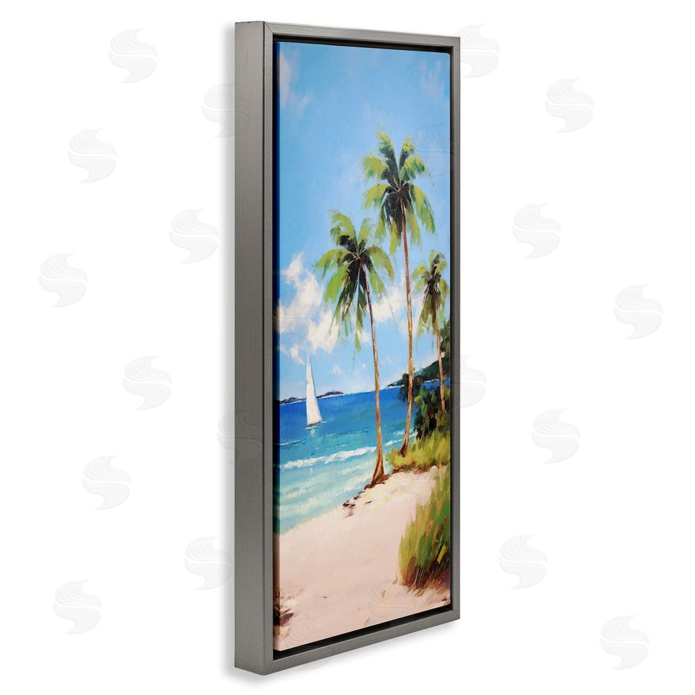Ziwei Li Palm Trees & Sailboat Gray Floating Frame Canvas Wall Art Print
