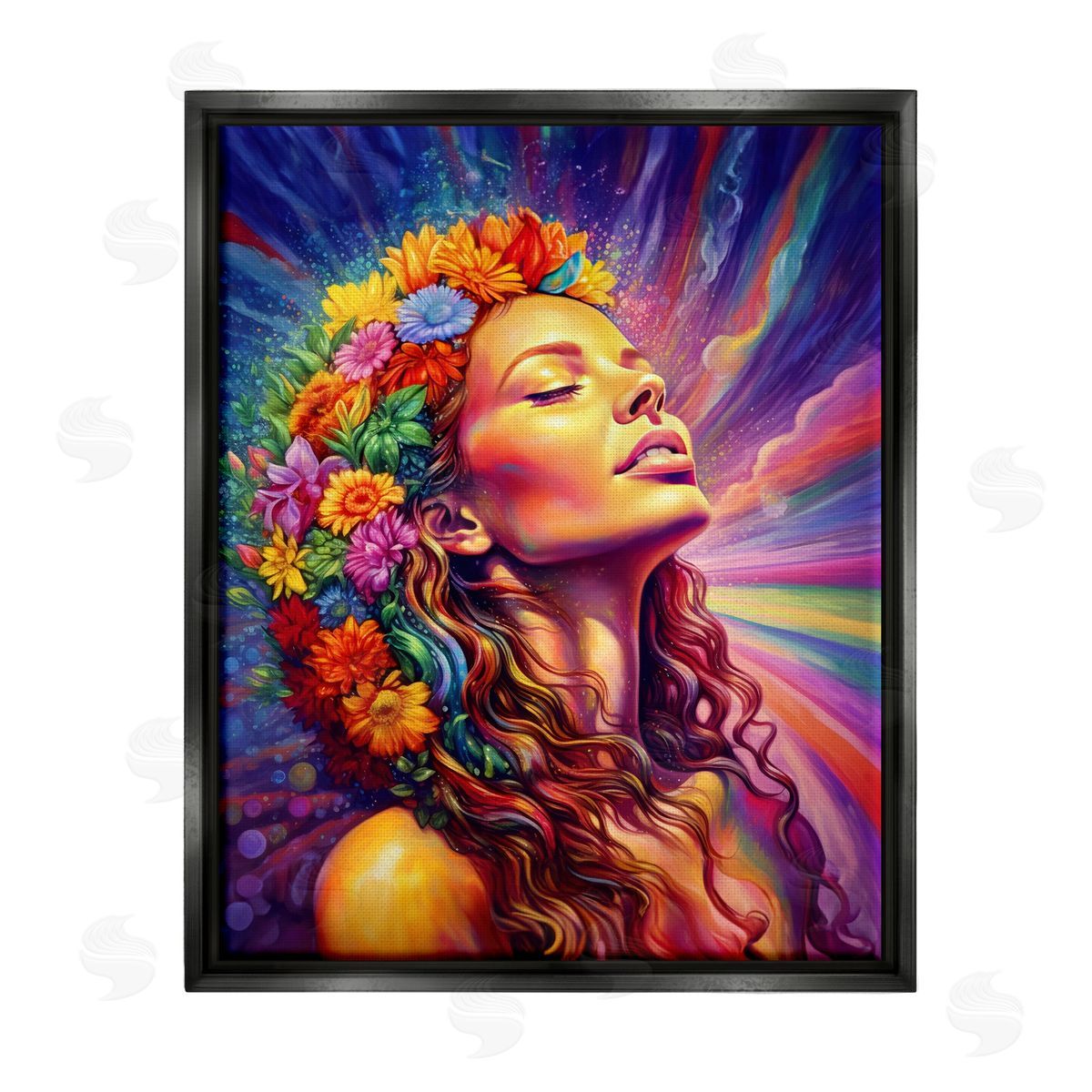 Spirit of the Rainbow Woman with Floral Garland Black Floater Frame Canvas Artside_