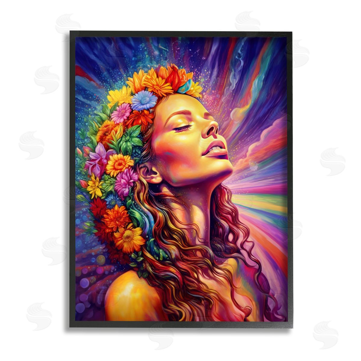 Spirit of the Rainbow Woman with Floral Garland Black Framed Giclee Wall Artside_