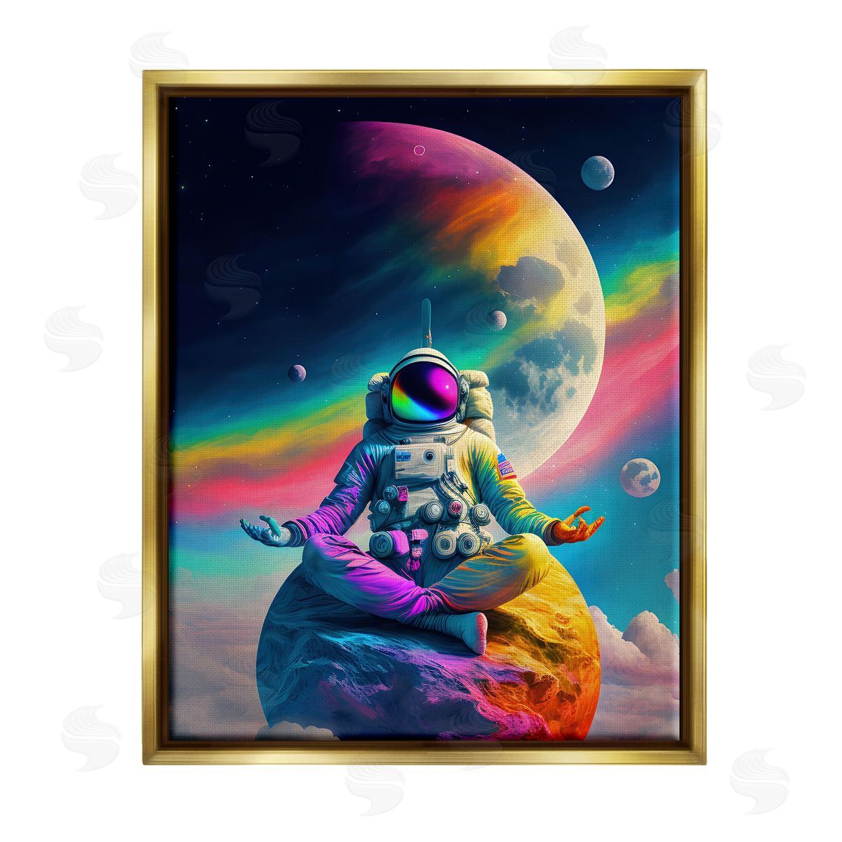 Spirit of the Rainbow Astronaut Meditating on Moon Gold Floater Frame Canvas Artside_