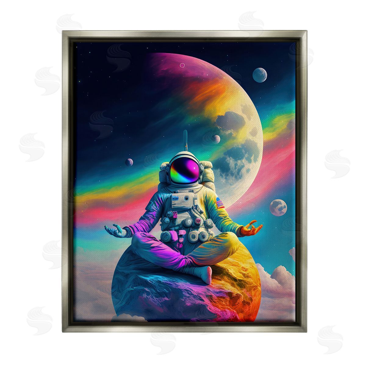 Spirit of the Rainbow Astronaut Meditating on Moon Gray Floater Frame Canvas Artside_