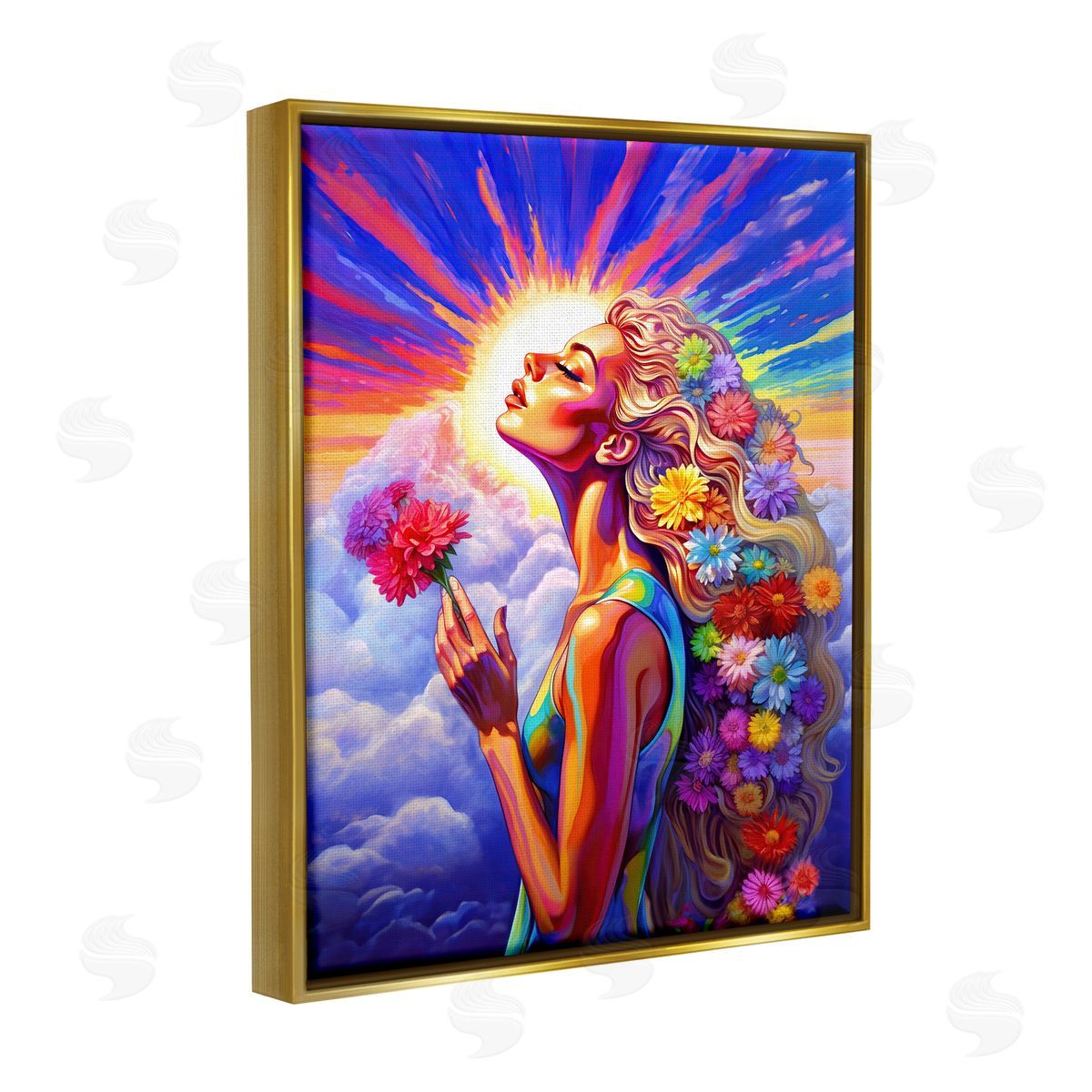 Spirit of the Rainbow Woman & Sun Rays Gold Floater Frame Canvas Artside_