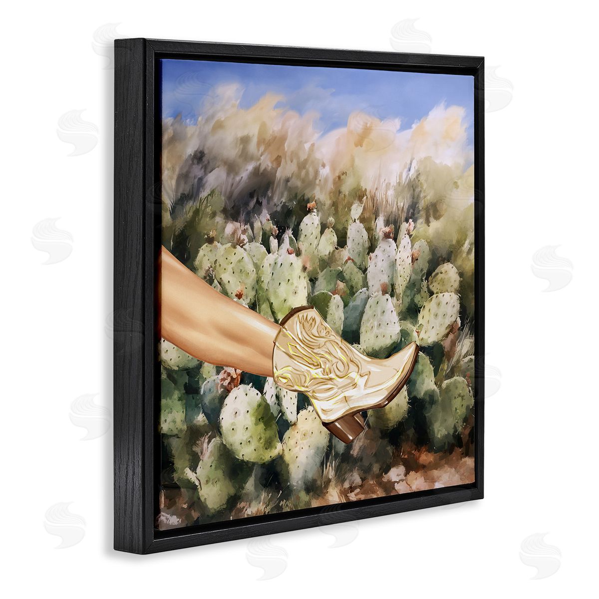 Cowgirl Boot & Cactus Black Floating Frame Canvas Wall Art, Home Decor by Ziwei Li