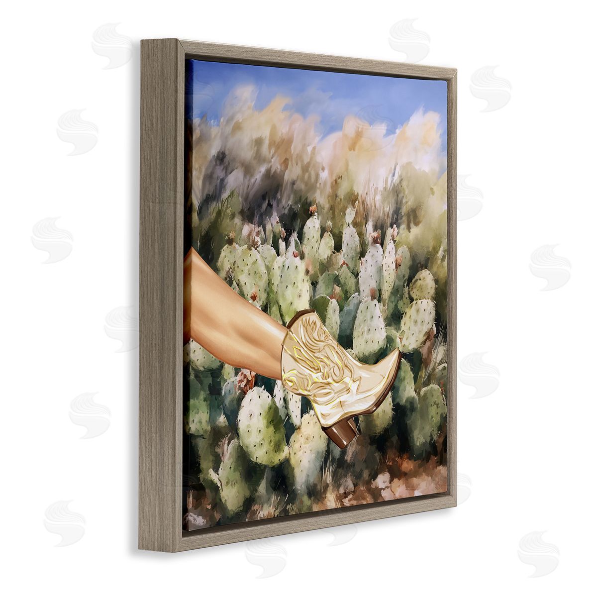Cowgirl Boot & Cactus Brown Floating Frame Canvas Wall Art, Home Decor by Ziwei Li