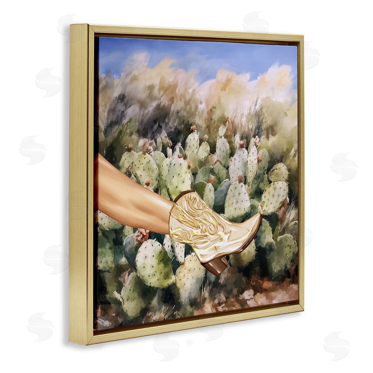 Cowgirl Boot & Cactus Gold Floating Frame Canvas Wall Art, Home Decor by Ziwei Li