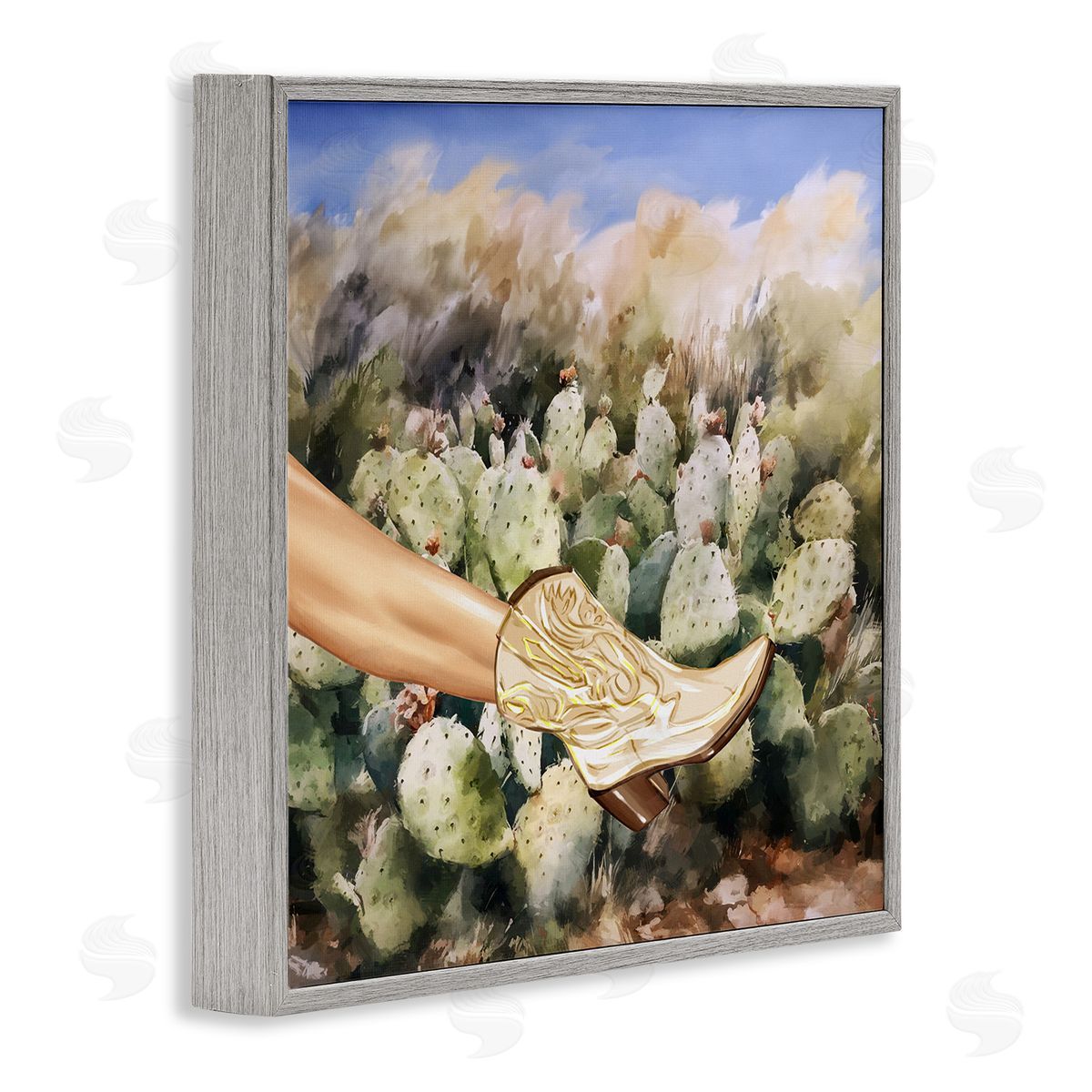 Cowgirl Boot & Cactus Grey Frame Print Wall Art, Home Decor by Ziwei Li
