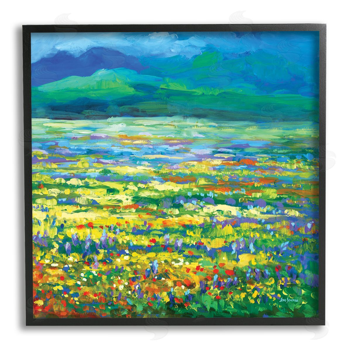 Leon Devenice Meadow of Wildflowers Blue Black Framed Giclee Wall Artside_