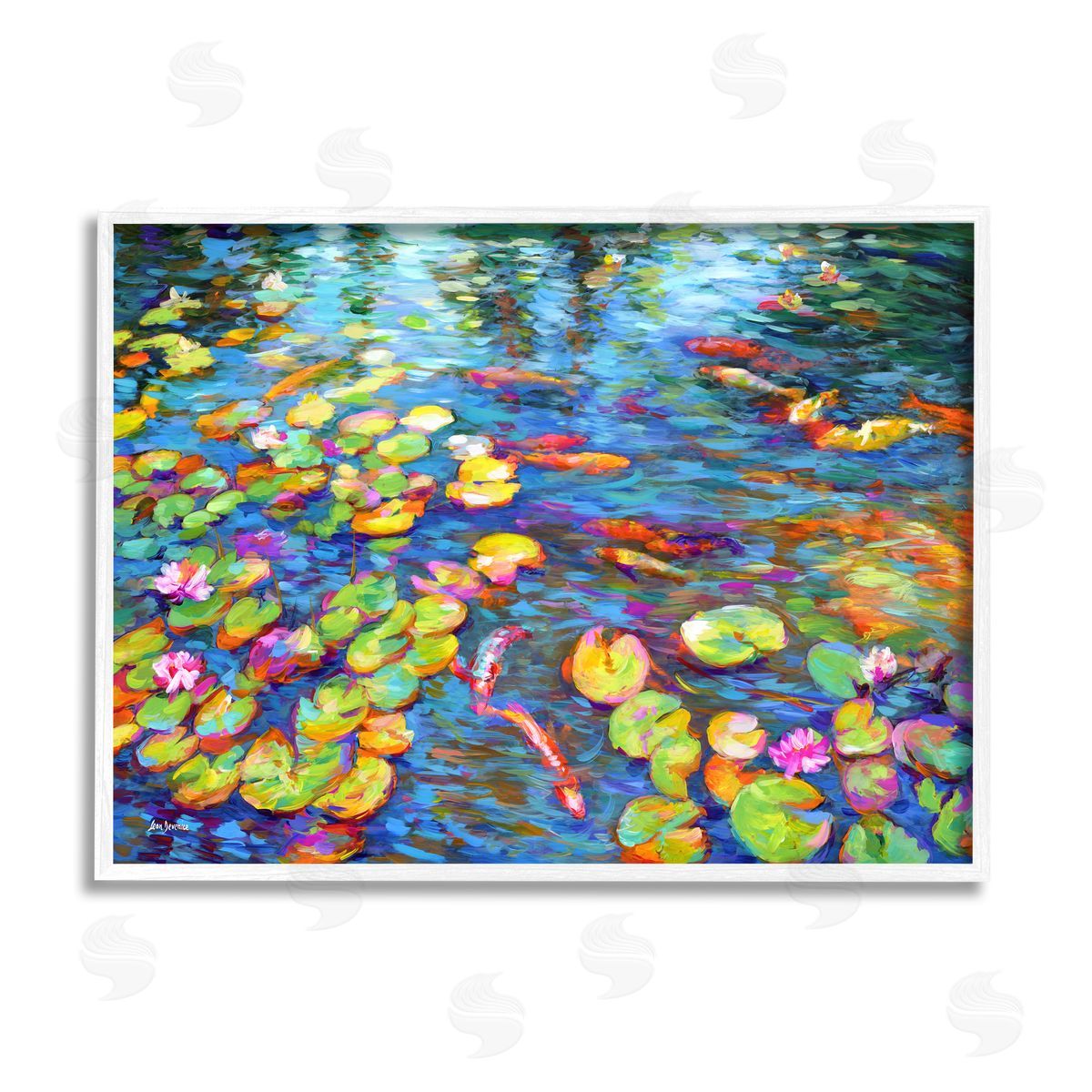 Leon Devenice Koi Fish and Water Lilies White Framed Giclee Wall Artside_