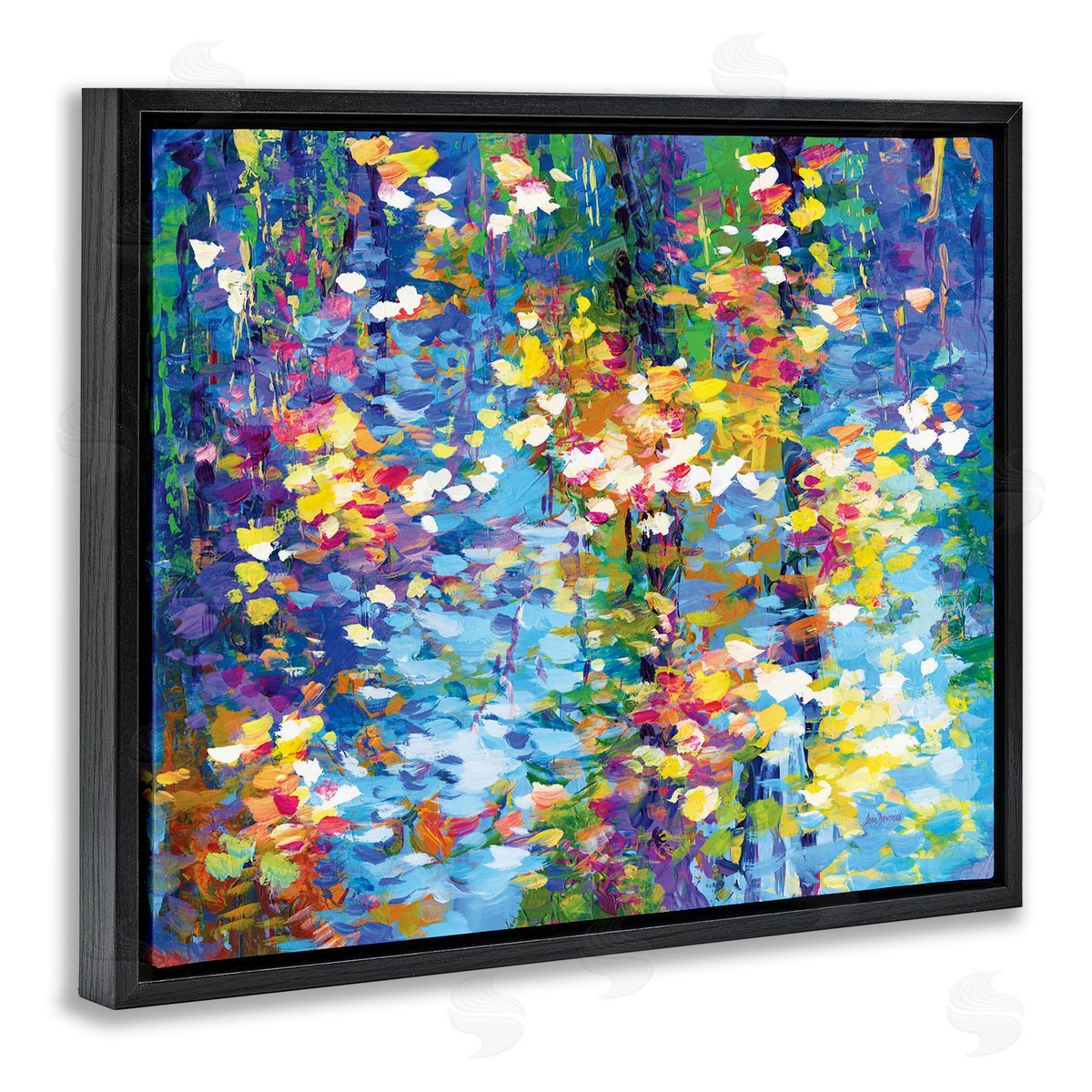 Colorful Reflections Lake Flowers Black Floating Frame Canvas Wall Art, Home Decor by Leon Devenice