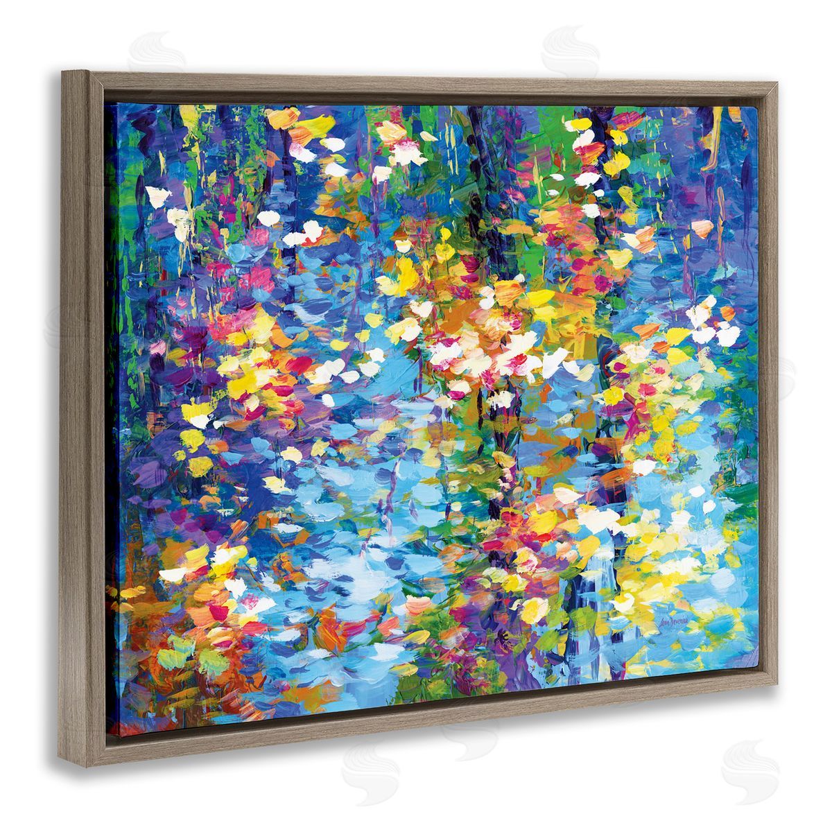 Colorful Reflections Lake Flowers Brown Floating Frame Canvas Wall Art, Home Decor by Leon Devenice