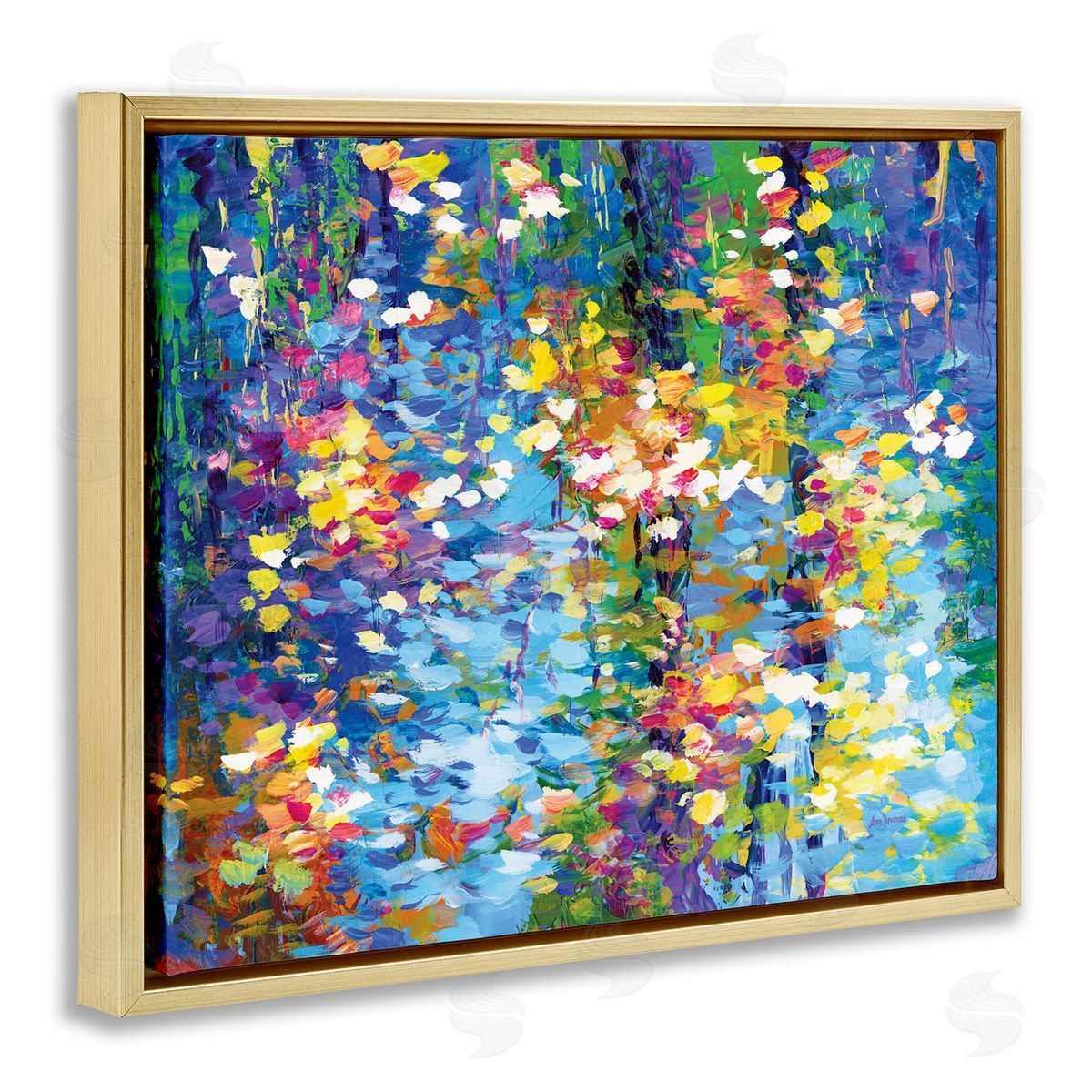 Colorful Reflections Lake Flowers Gold Floating Frame Canvas Wall Art, Home Decor by Leon Devenice