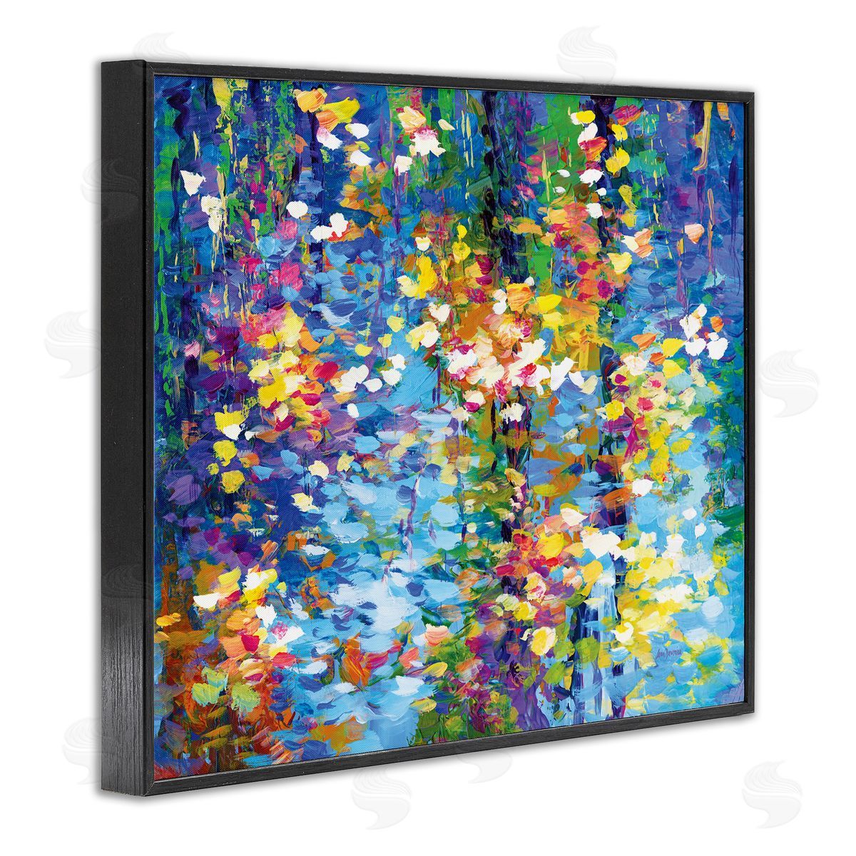 Colorful Reflections Lake Flowers Black Frame Print Wall Art, Home Decor by Leon Devenice