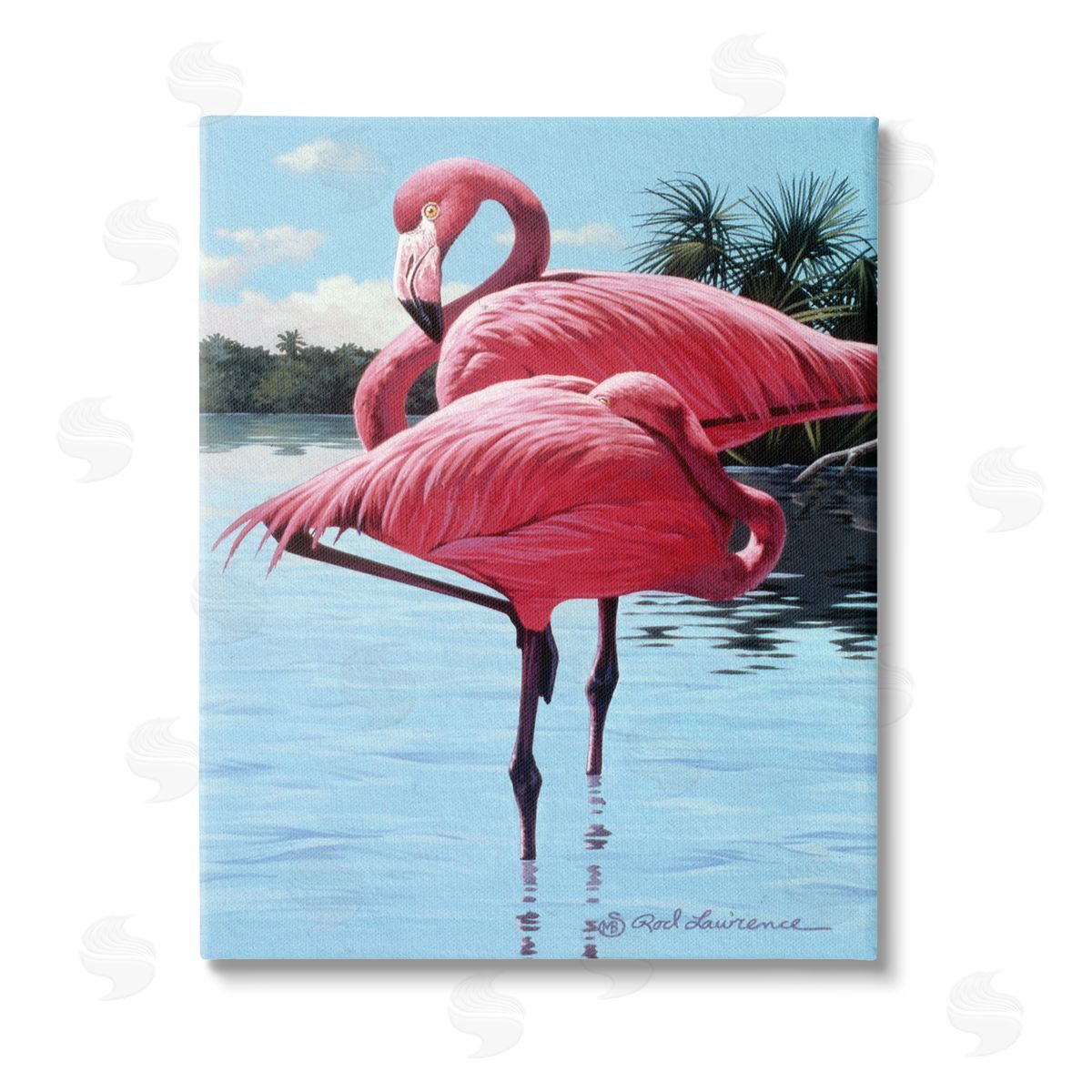Rod Lawrence Flamingos Balancing on Shore Stretched Canvas Wall Art Print