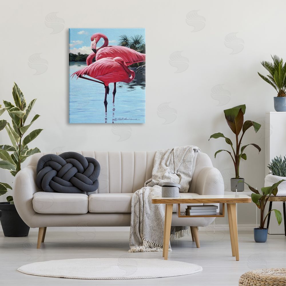Rod Lawrence Flamingos Balancing on Shore Canvas Wall Art Print in Room