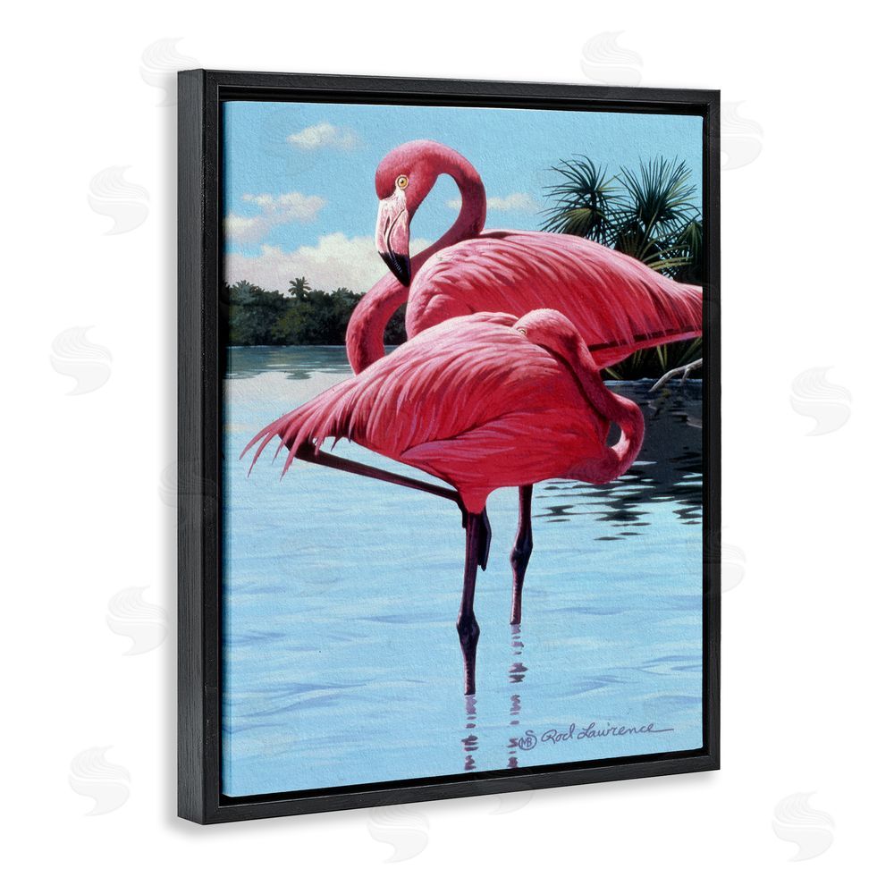 Rod Lawrence Flamingos Balancing on Shore Black Floating Frame Canvas Wall Art Print
