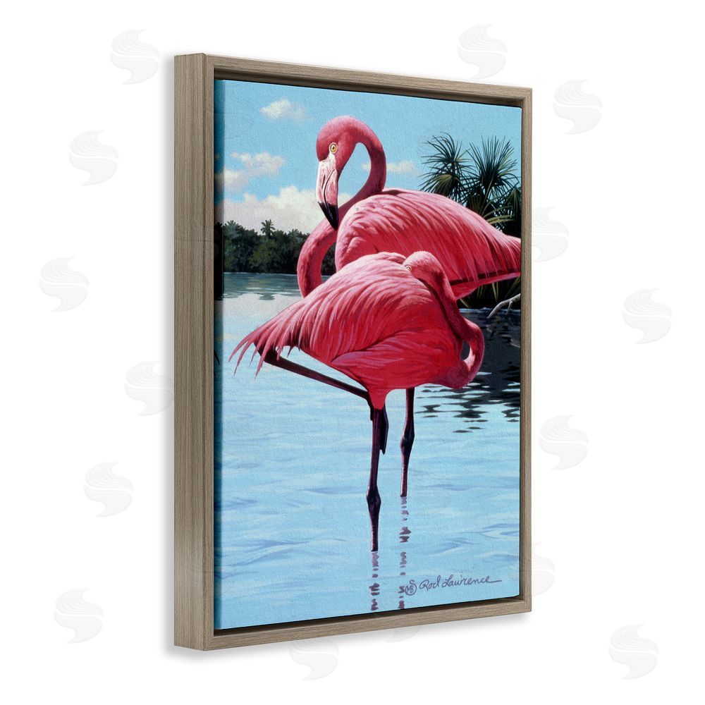 Rod Lawrence Flamingos Balancing on Shore Brown Floating Frame Canvas Wall Art Print