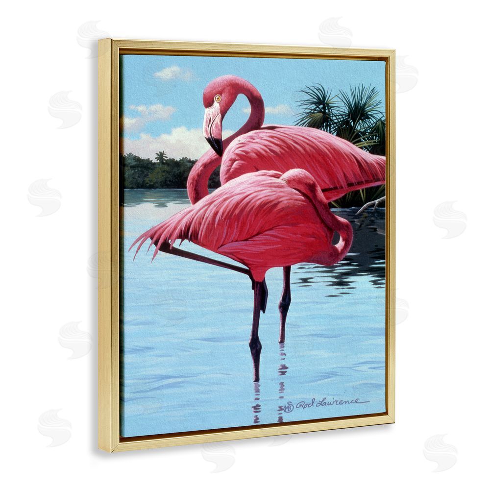 Rod Lawrence Flamingos Balancing on Shore Gold Floating Frame Canvas Wall Art Print