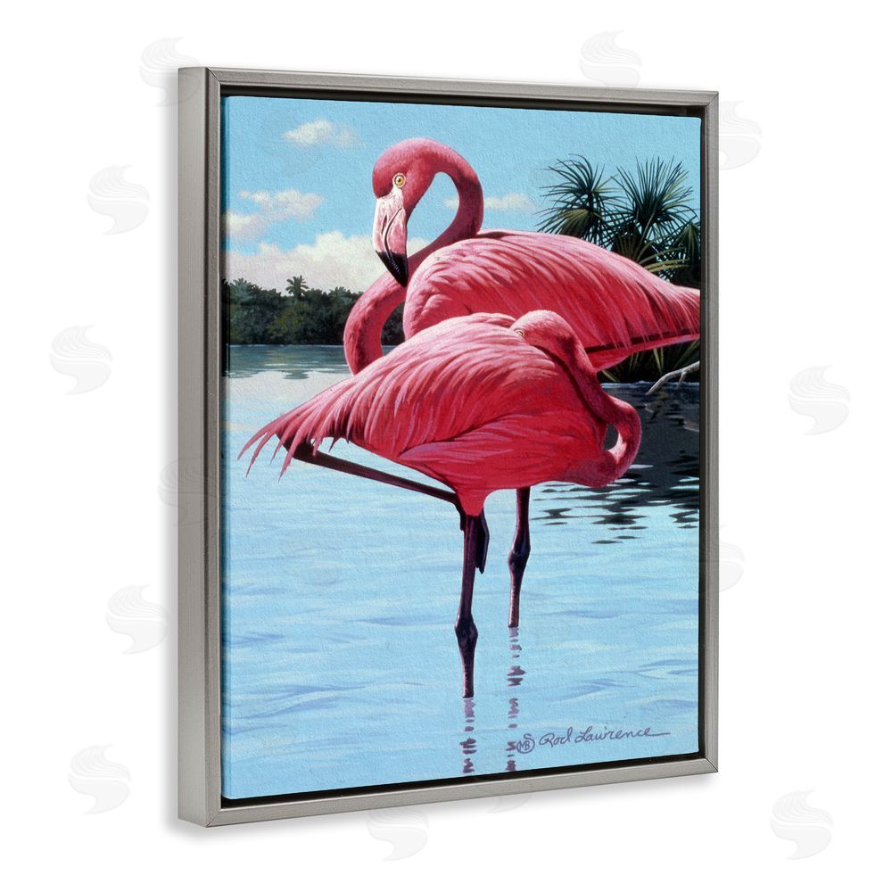 Rod Lawrence Flamingos Balancing on Shore Grey Floating Frame Canvas Wall Art Print