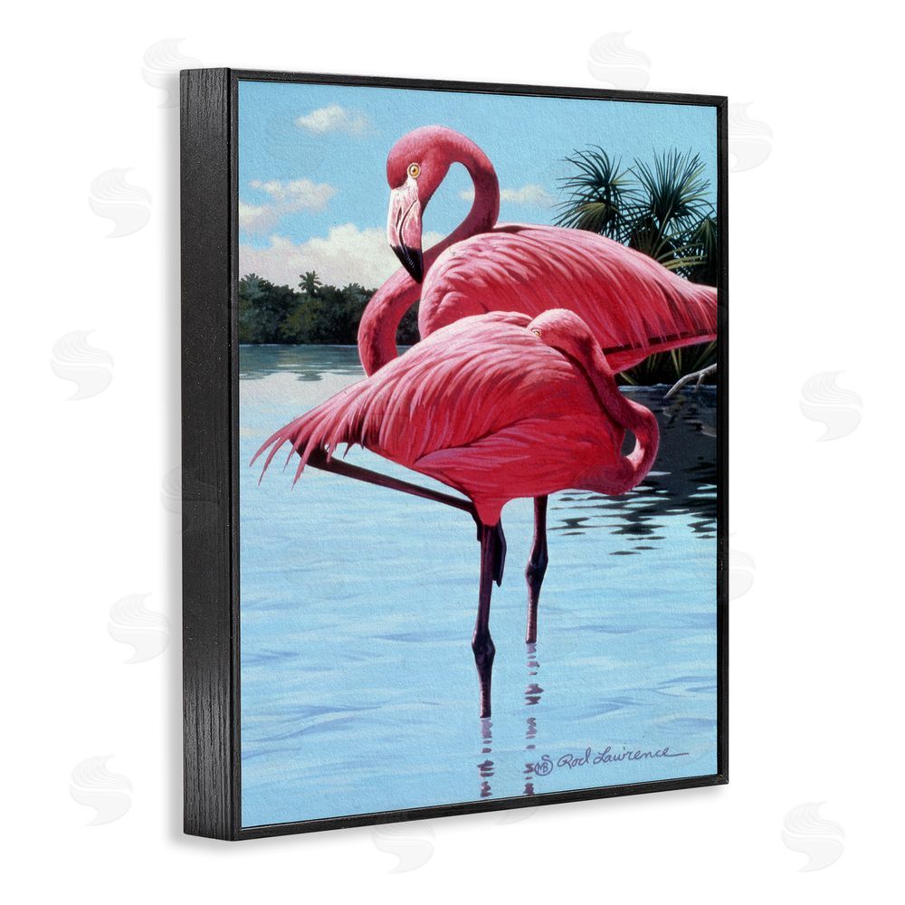 Rod Lawrence Flamingos Balancing on Shore Black Framed Giclee Wall Art Print