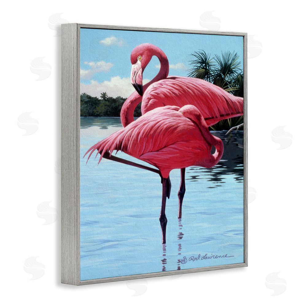 Rod Lawrence Flamingos Balancing on Shore Gray Framed Giclee Wall Art Print
