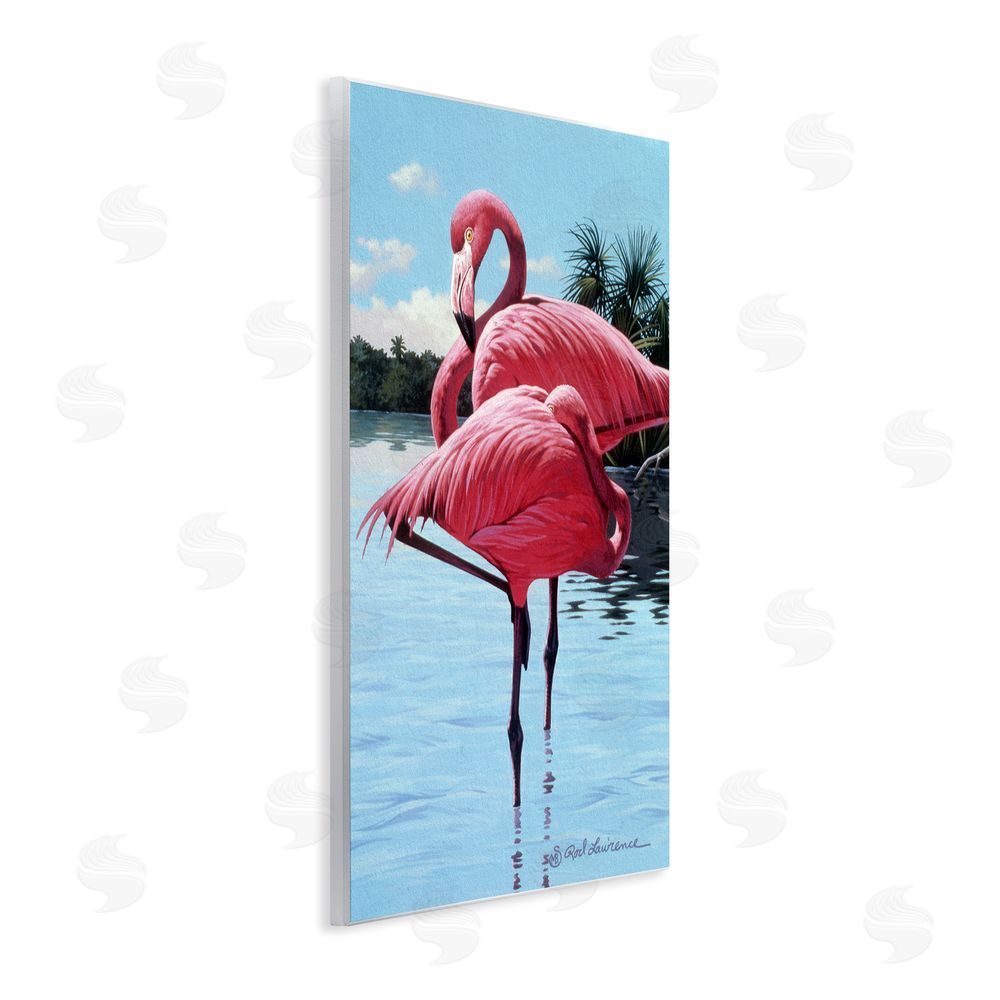 Rod Lawrence Flamingos Balancing on Shore Wall Plaque Art Print