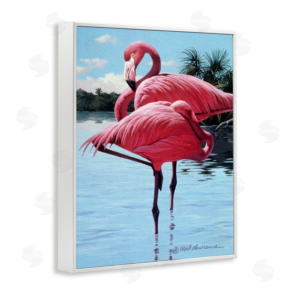 Rod Lawrence Flamingos Balancing on Shore White Framed Giclee Wall Art Print