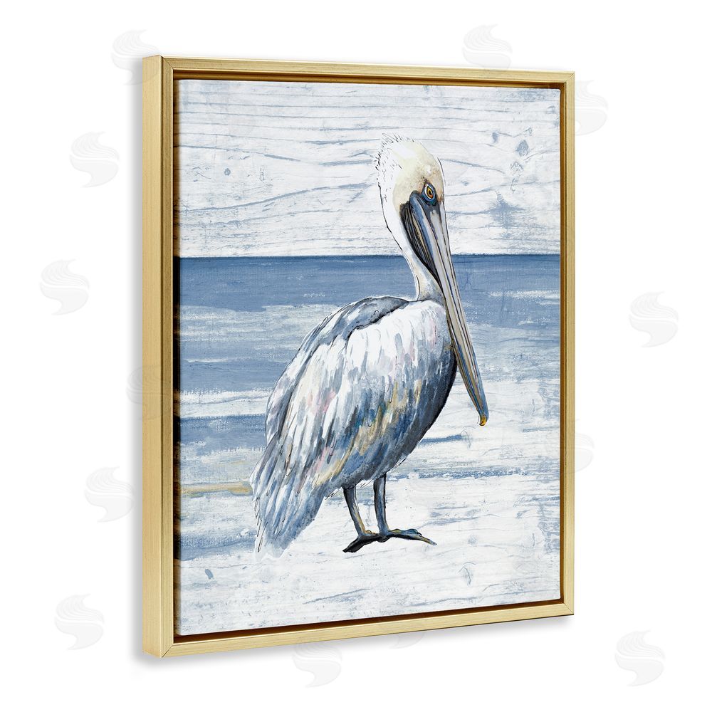 Patricia Pinto Rustic Plank Pattern Pelican Gold Floating Frame Canvas Wall Art Print