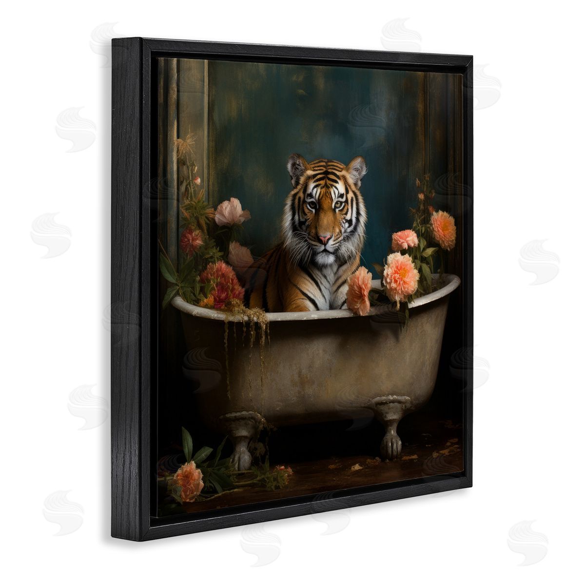 Tiger in Floral Bathtub Black Floating Frame Canvas Wall Art, Home Decor by Lazar Studio