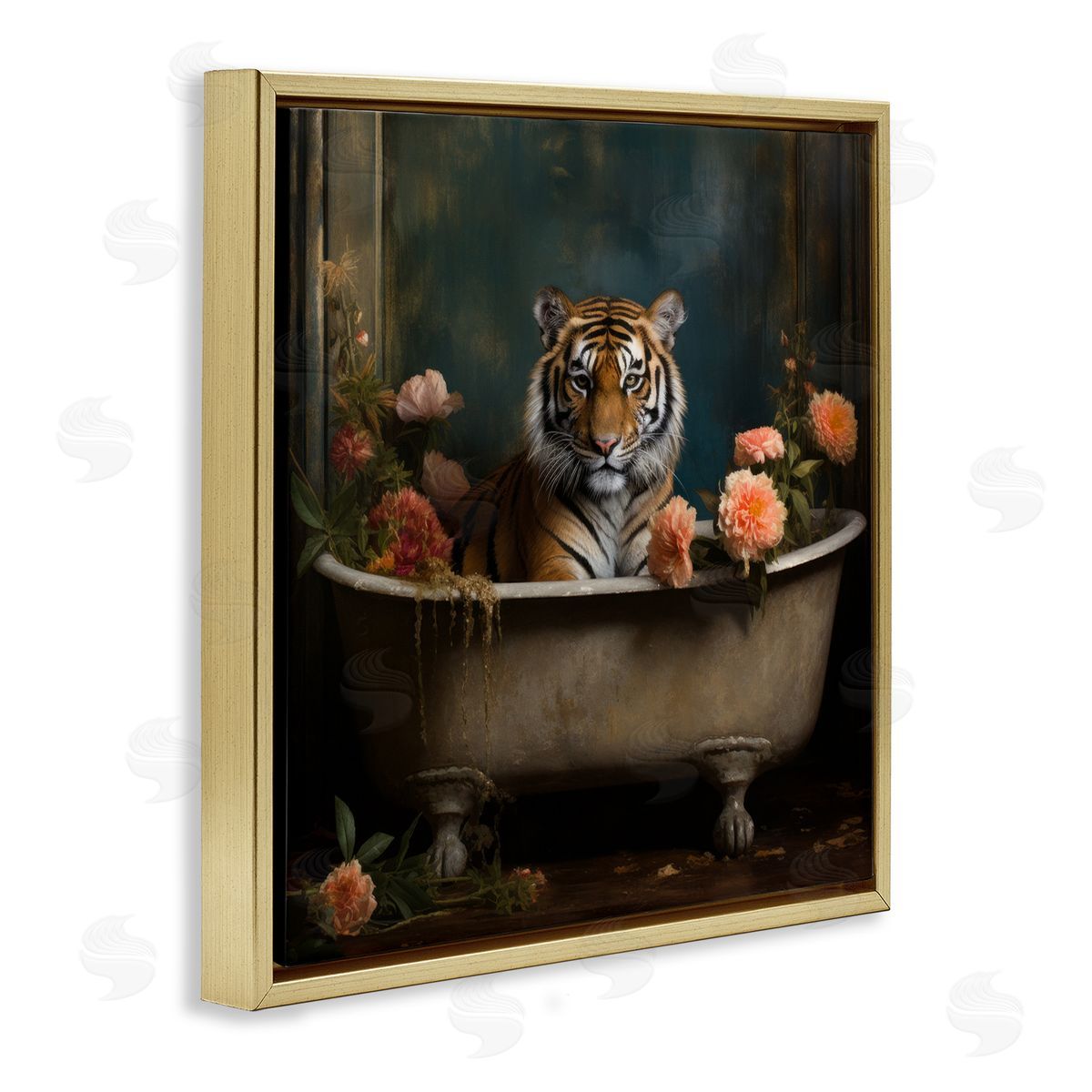 Tiger in Floral Bathtub Gold Floating Frame Canvas Wall Art, Home Decor by Lazar Studio