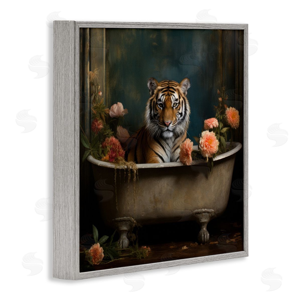 Tiger in Floral Bathtub Grey Frame Print Wall Art, Home Decor by Lazar Studio