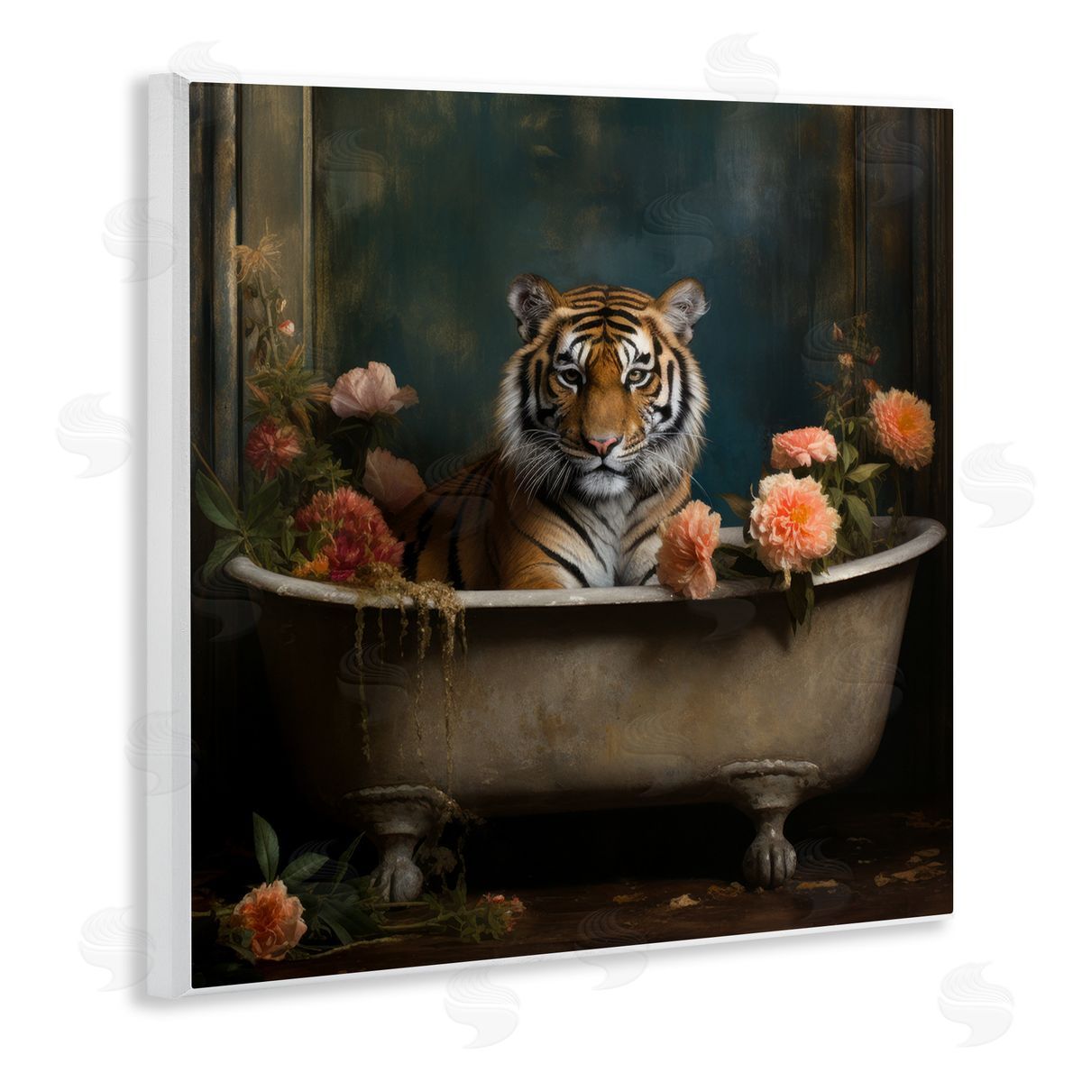Tiger in Floral Bathtub Wood Plaque Wall Art, Home Decor by Lazar Studio