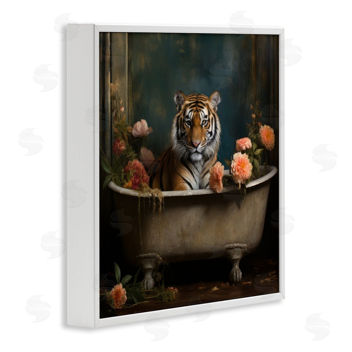 Tiger in Floral Bathtub White Frame Print Wall Art, Home Decor by Lazar Studio