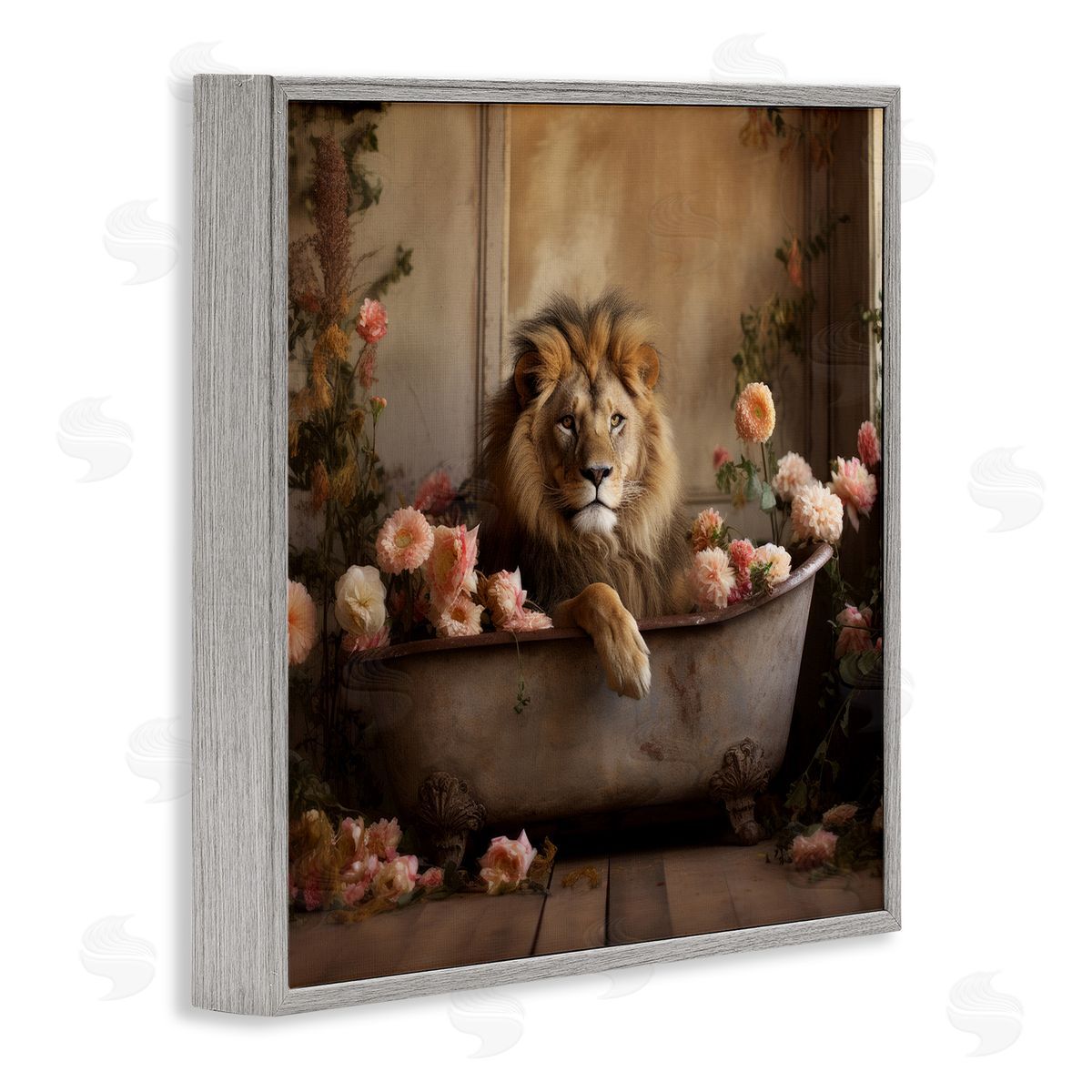 Lion in Flower Filled Tub Grey Frame Print Wall Art, Home Decor by Lazar Studio