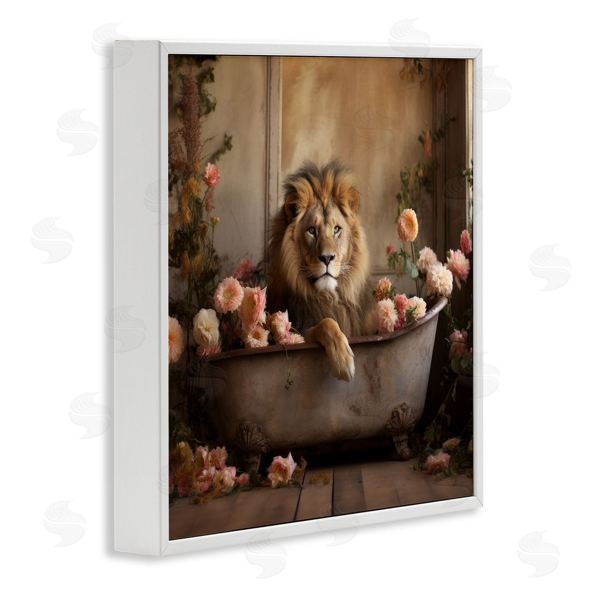 Lion in Flower Filled Tub White Frame Print Wall Art, Home Decor by Lazar Studio