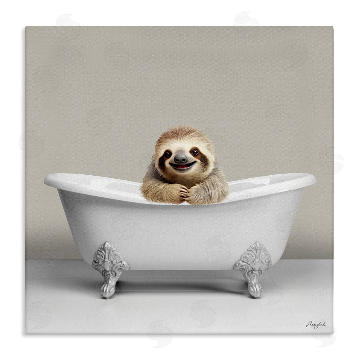 Happy Sloth in Bathtub Canvas Wall Art, Home Decor by Roozbeh