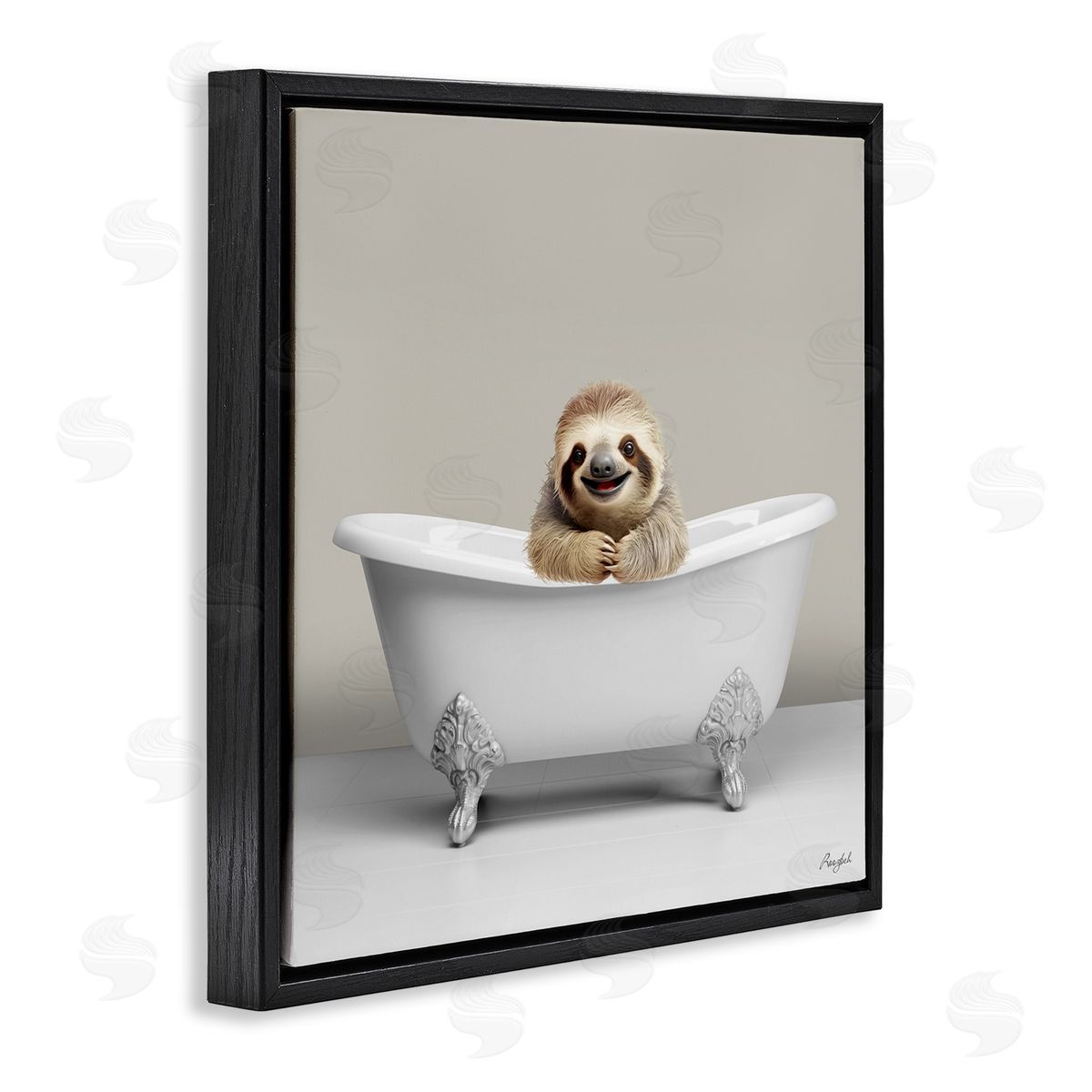 Happy Sloth in Bathtub Black Floating Frame Canvas Wall Art, Home Decor by Roozbeh