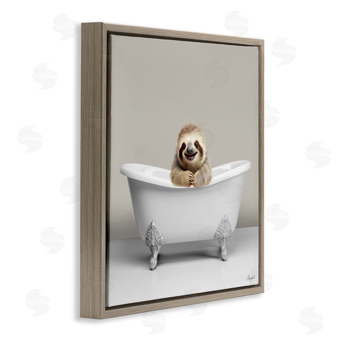 Happy Sloth in Bathtub Brown Floating Frame Canvas Wall Art, Home Decor by Roozbeh