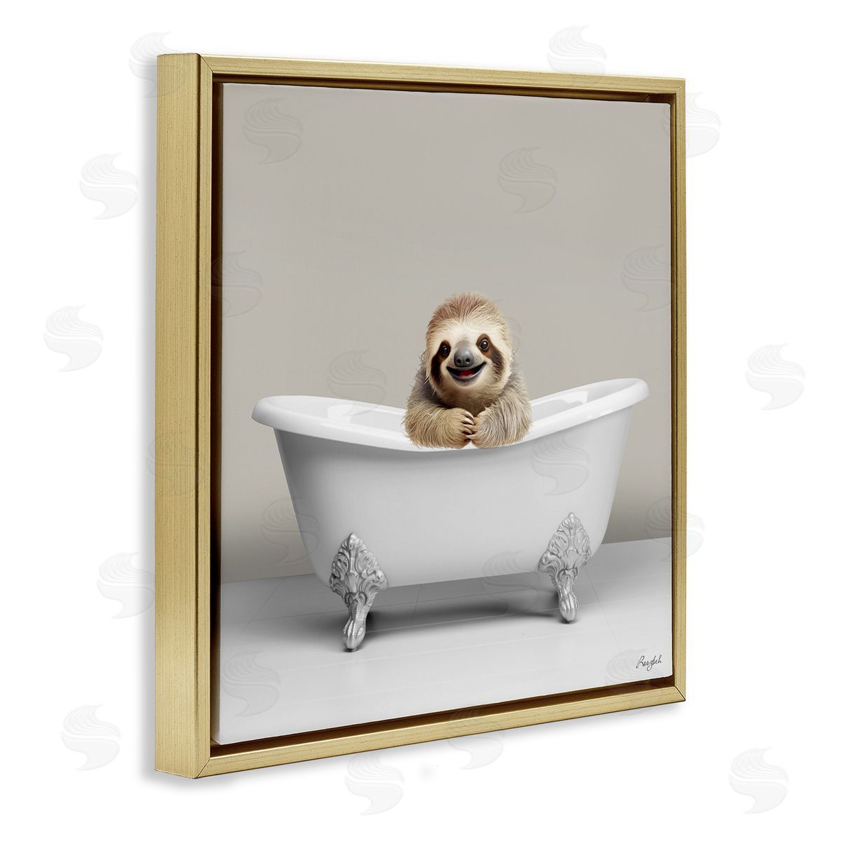 Happy Sloth in Bathtub Gold Floating Frame Canvas Wall Art, Home Decor by Roozbeh