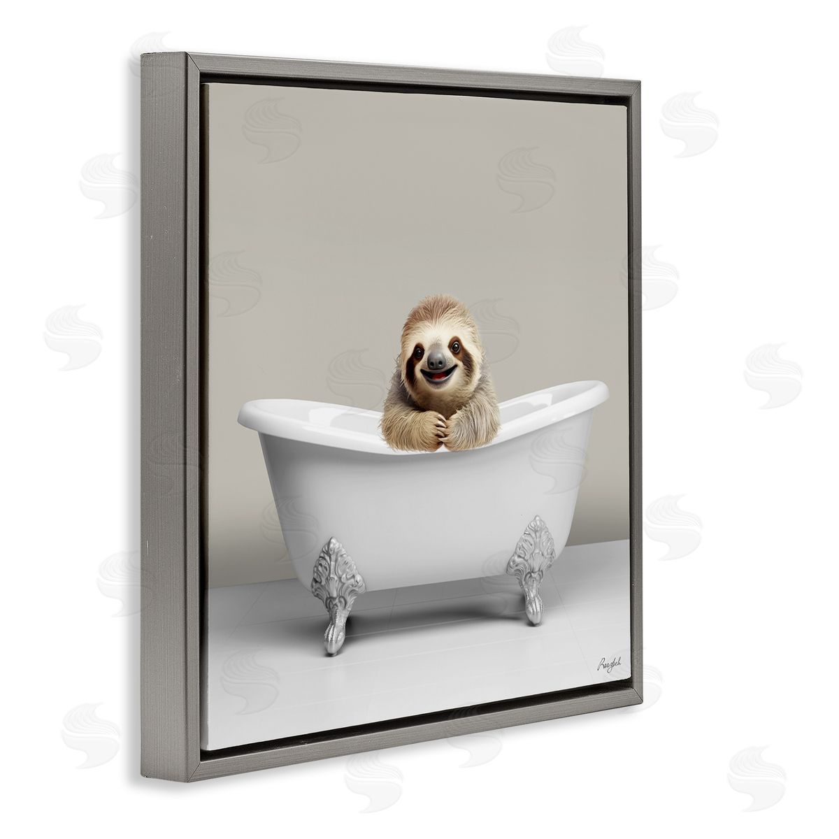 Happy Sloth in Bathtub Grey Floating Frame Canvas Wall Art, Home Decor by Roozbeh