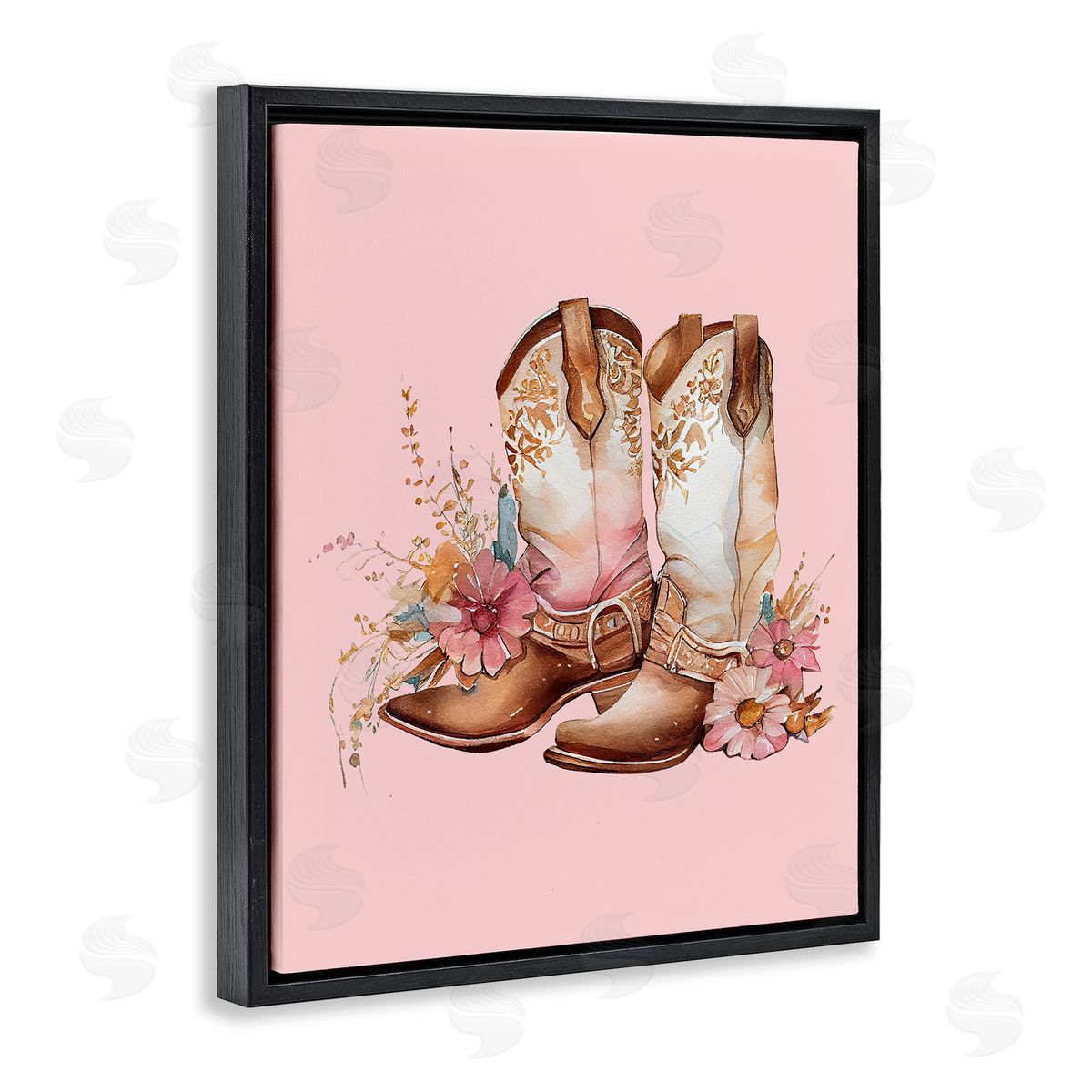 Floral Pink Cowgirl Boots Black Floating Frame Canvas Wall Art, Home Decor by Birch&Ink