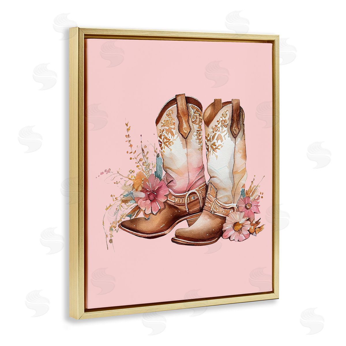 Floral Pink Cowgirl Boots Gold Floating Frame Canvas Wall Art, Home Decor by Birch&Ink