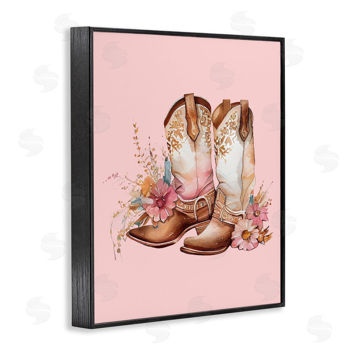 Floral Pink Cowgirl Boots Black Frame Print Wall Art, Home Decor by Birch&Ink