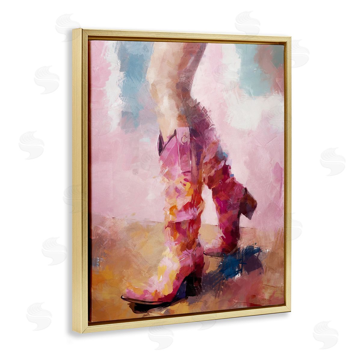 Abstract Pink Cowgirl Boots Gold Floating Frame Canvas Wall Art, Home Decor by Ziwei Li