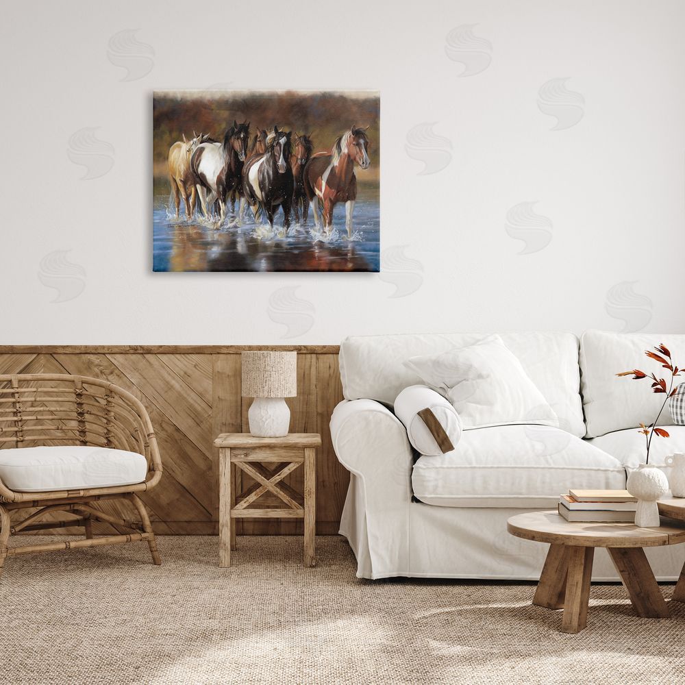 Victoria Schultz Horses Splashing Shallow Pond Canvas Wall Art Print in Room