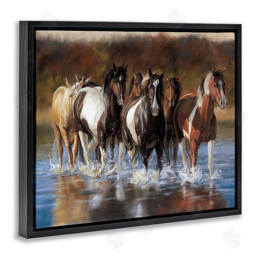 Victoria Schultz Horses Splashing Shallow Pond Black Floating Frame Canvas Wall Art Print