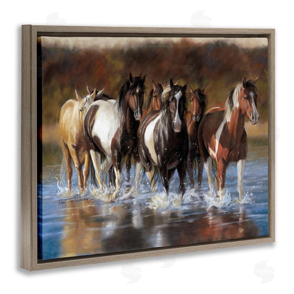 Victoria Schultz Horses Splashing Shallow Pond Brown Floating Frame Canvas Wall Art Print