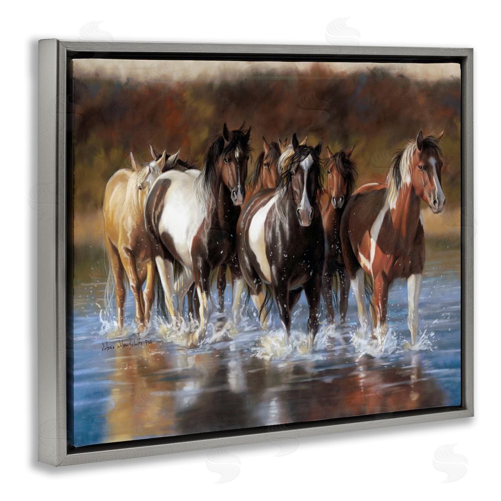 Victoria Schultz Horses Splashing Shallow Pond Grey Floating Frame Canvas Wall Art Print