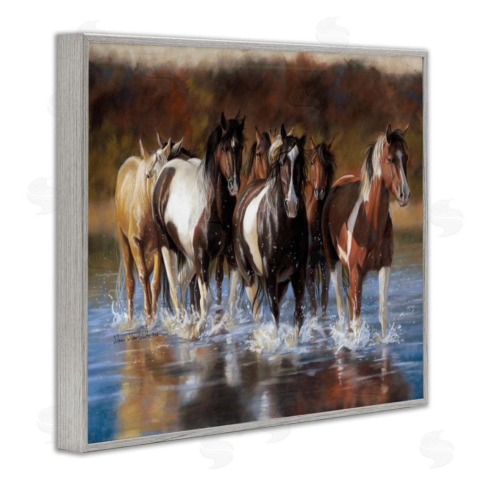 Victoria Schultz Horses Splashing Shallow Pond Gray Framed Giclee Wall Art Print