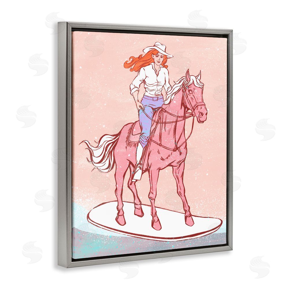 Ziwei Li Vintage Cowgirl on Board Grey Floating Frame Canvas Wall Art Print